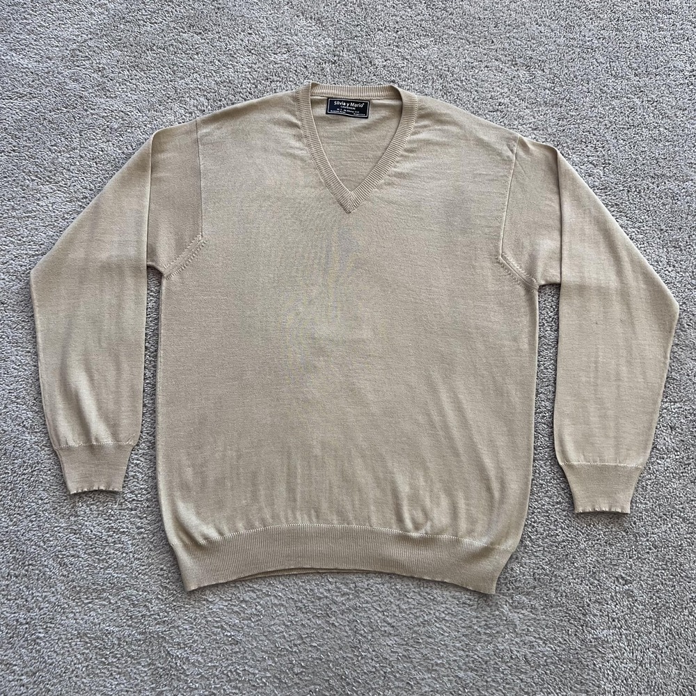 Silvia Y Mario Cashmere Sweater Mens XL Beige V-Neck Lightweight Knit Pullover
